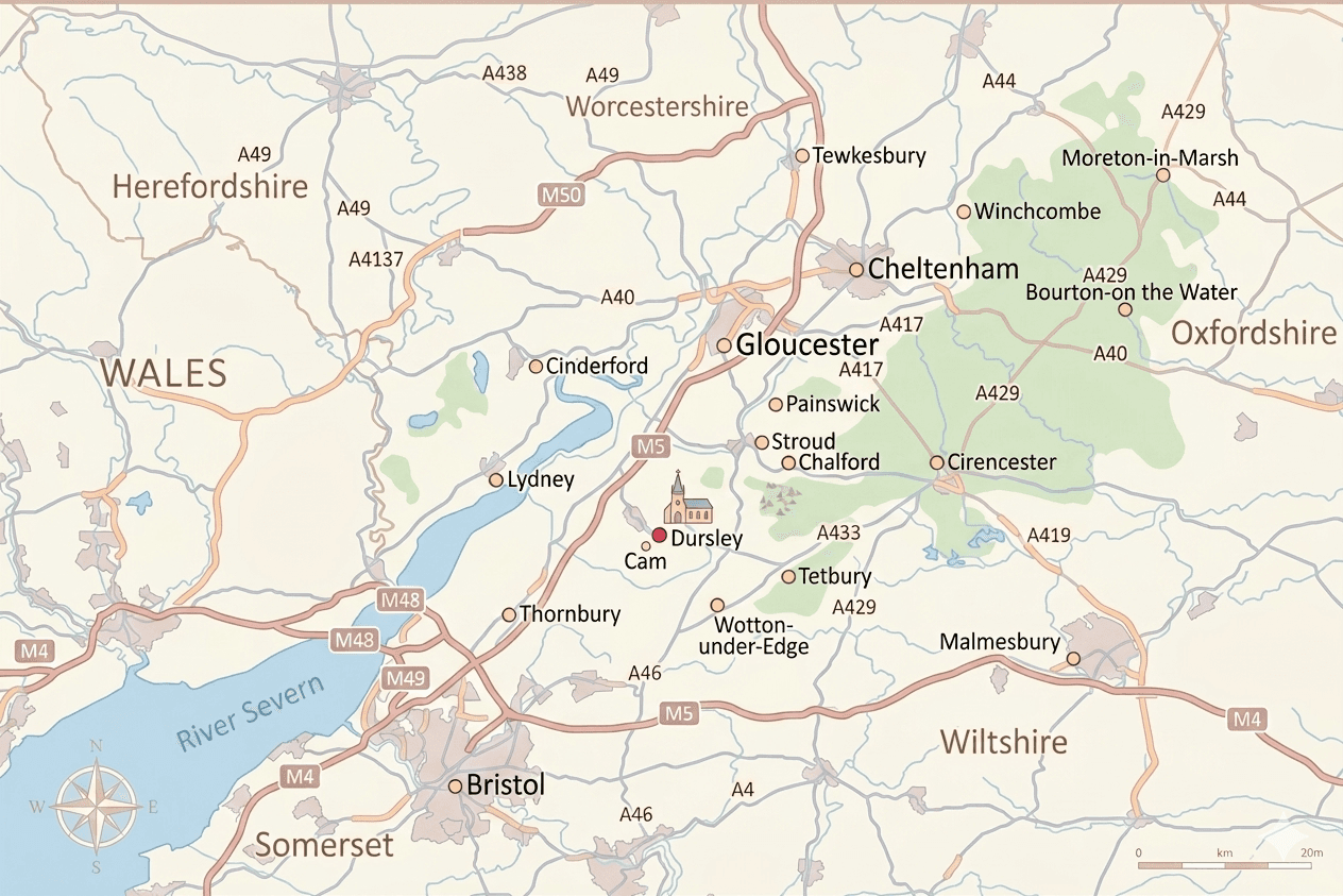 Map showing the areas FirstForGas covers around Dursley and Gloucestershire